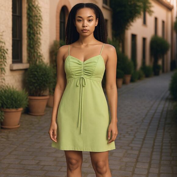 Vintage Y2K Spring Dance Pastel Green Ruched Spaghetti Strap Midi Dress Size S - Picture 1 of 9